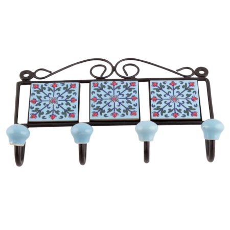 Turquoise And Red Tiny Flower Ceramic Tiles Hooks